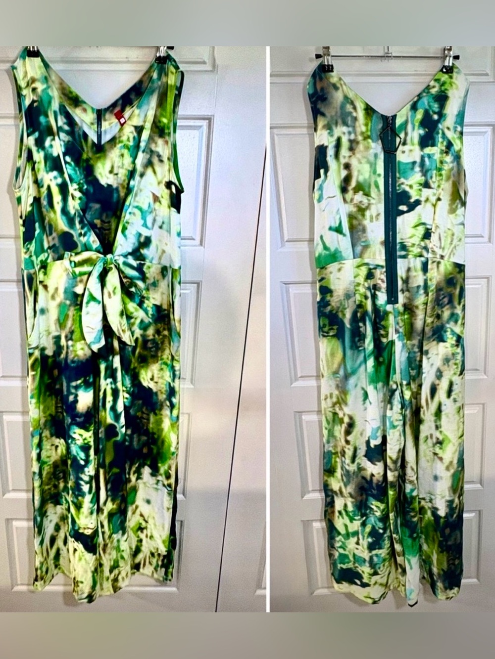 💥IC Collection Green Painterly Abstract Wide Leg Tie Front Jumpsuit USA Sz 👽